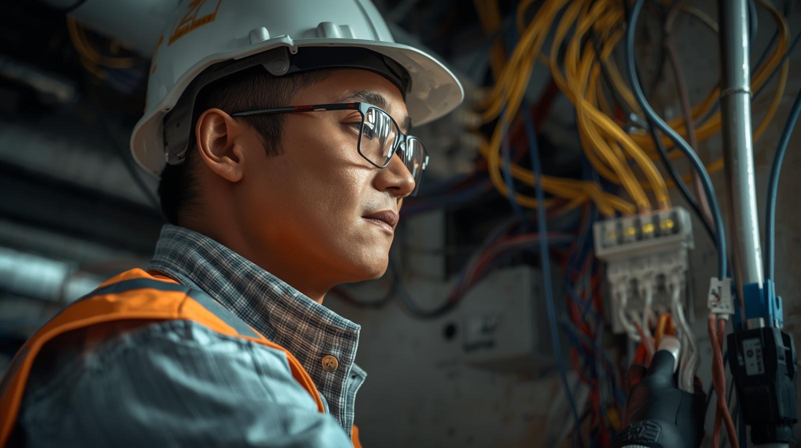 buatkan foto pria indonesia layanan instalasi dan perbaikan jaringan listrik pln atau internal, baik untuk rumah, gedung, maupun area industri. (1)