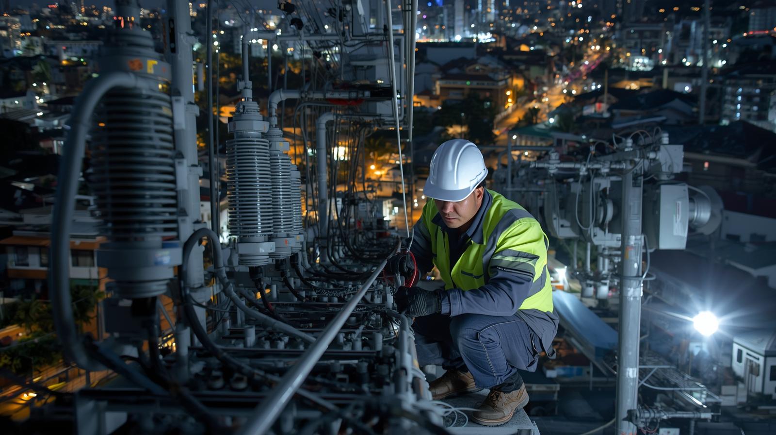 buatkan foto pria indonesia membangun dan mengelola infrastruktur jaringan listrik untuk kawasan perumahan, gedung bertingkat, hingga area industri. (2)