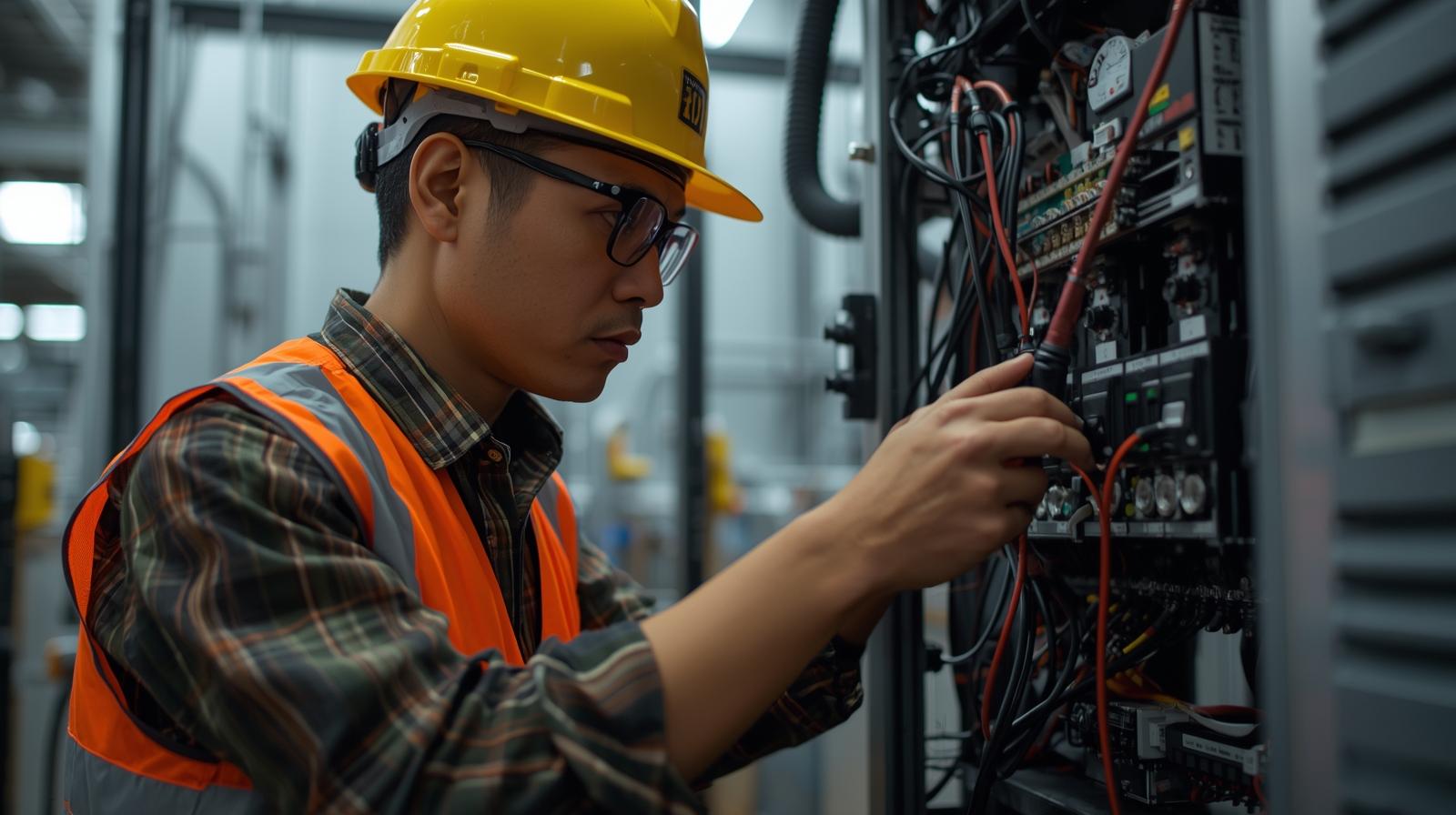 buatkan foto pria indonesia penanganan masalah kelistrikan mulai dari gangguan ringan hingga sistem kompleks, dengan respons cepat dan solusi tepat.
