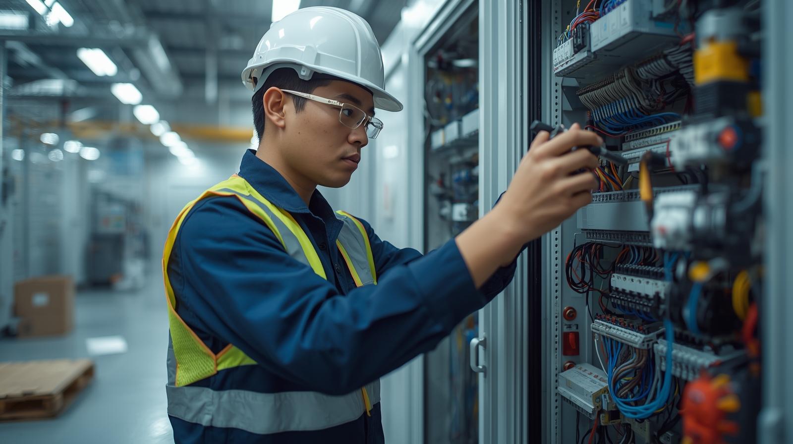 buatkan foto pria indonesia sedang pemasangan, perakitan, dan perawatan panel listrik serta rangkaian elektronik untuk kebutuhan industri maupun gedung komersial. (1)