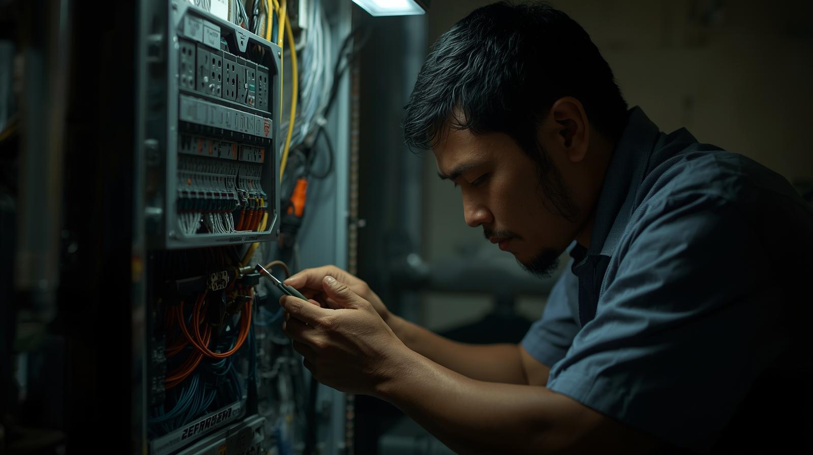 buatkan foto pria indonesia sedang perawatan rutin dan perbaikan komponen kelistrikan agar sistem tetap handal, aman, dan efisien.