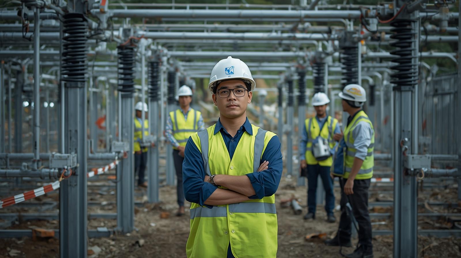 buatkan foto pria indonesia sedang tim teknisi berpengalaman siap melakukan pemasangan, pemeliharaan, dan perbaikan jaringan listrik di lapangan dengan standar keselamatan kerja (k3) yang ketat.